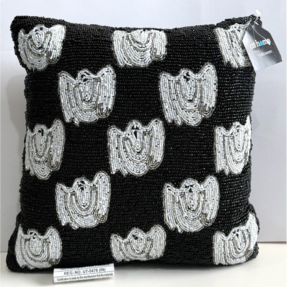 Beaded Halloween Square Pillow Black & White " Ghost " At Home